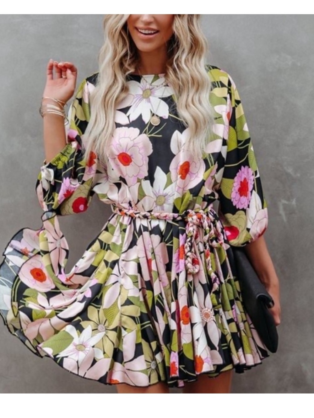 Floral Print Dress with Belt
